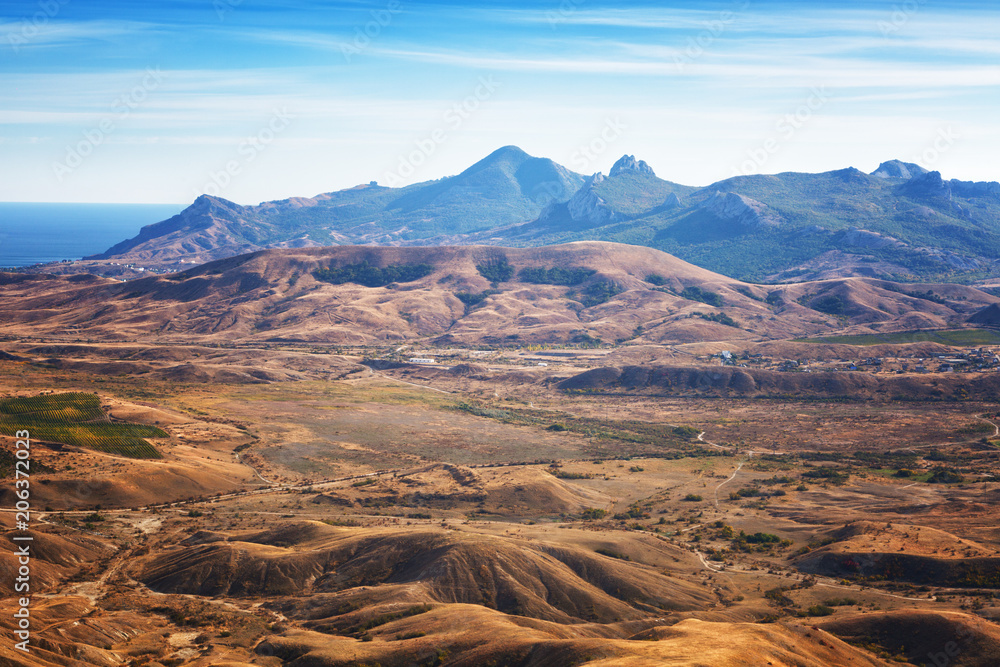 Naklejka premium East Crimea, steppe landscape and mountain Karadag