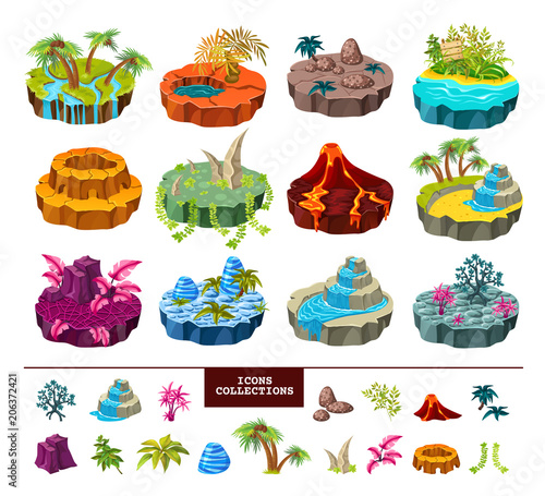 Set of isometric gaming islands with ground, trees and rivers, volcano landscape, waterfall and icons collection. Isolated vector illustration