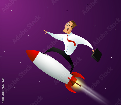 Happy businessman standing on rocket ship