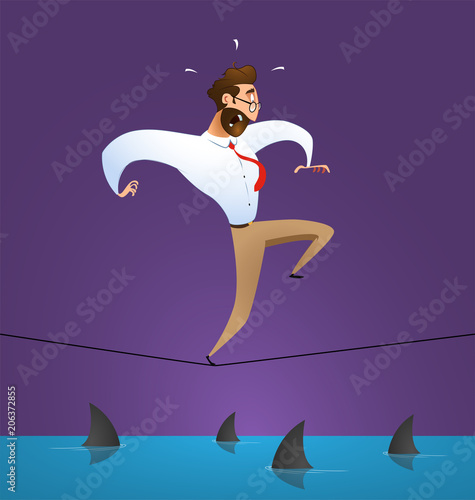 Businessman crawling over a sea of sharks.