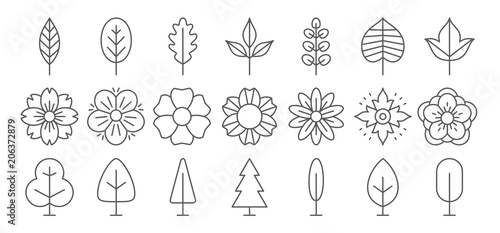 Flower, leaf and tree line icon set. Vector collection. Different thin simple outline