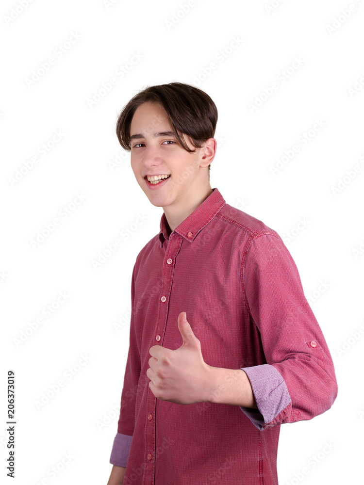Young man gesturing OK sign. Teenager in shirt, isolated on white background Young man gesturing OK sign. Teenager in shirt, isolated on white background