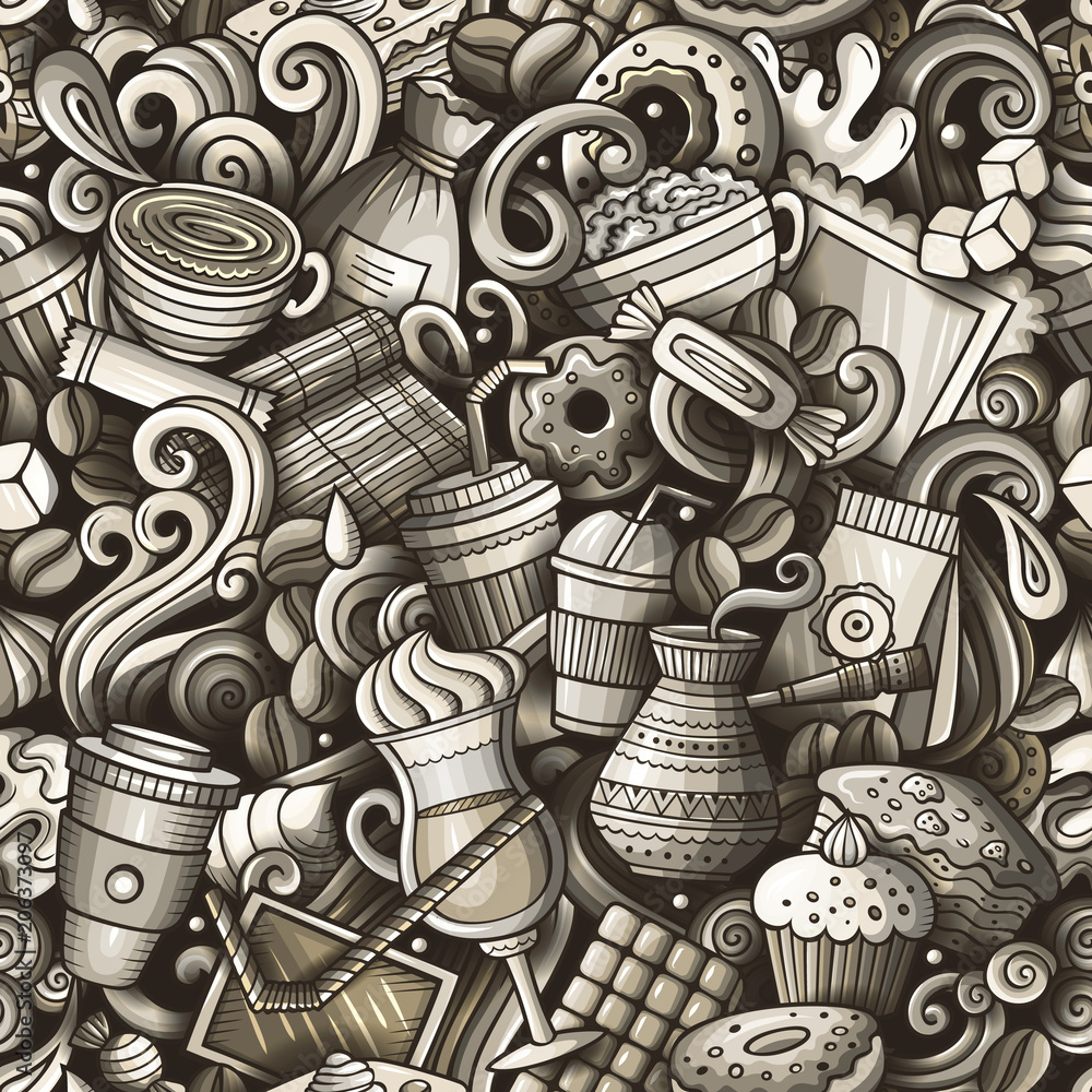 Cartoon cute doodles hand drawn Coffee Shop seamless pattern