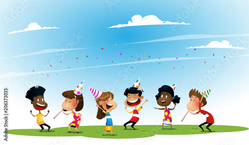 Group of African-American and Asian happy boys and girls