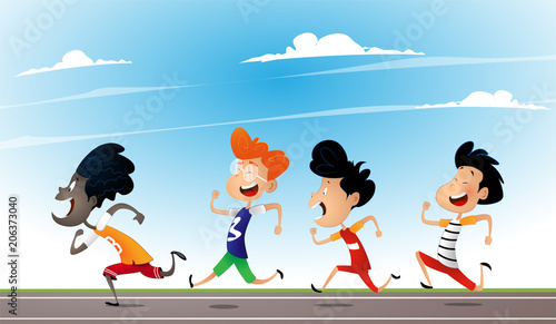 Cartoonmultiracial children run on the school playground