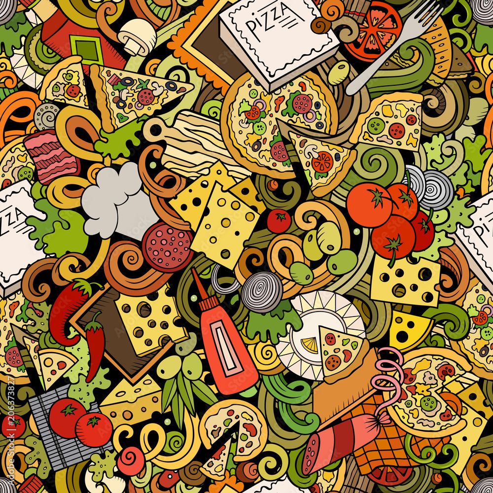 Obraz premium Cartoon cute doodles hand drawn Pizza seamless pattern