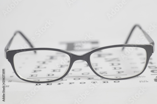 Eyeglasses on eyesight test chart background.