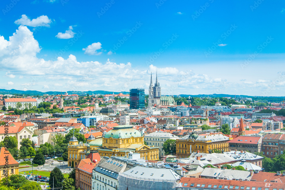 Panoramic view on rooftops in Zagreb center and catholic cathedral, Croatia 
