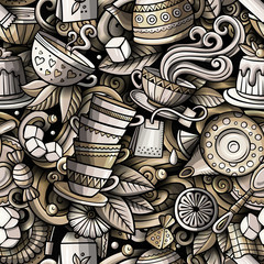 Fotobehang Thee patronen Cartoon theehuis doodles naadloos patroon  © balabolka