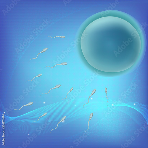 Spermatozoons sperm and ovum egg. In vitro fertilization IVF. Artificial insemination. Illustration for web or typography magazine, brochure, flyer, poster. Blue science background.