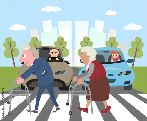 old people cross pedestrian crossing
