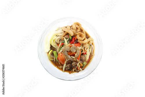 sea food,seafood papaya salad thailand tradition food on isolated white background