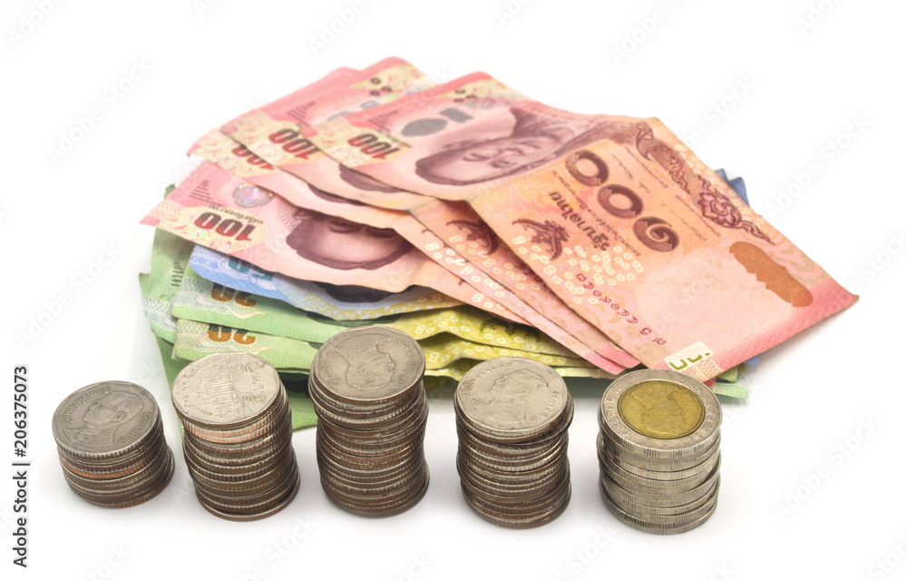 Thai banknotes and coins with to pay isolated on white background Thai banknotes and coins with to pay isolated on white background