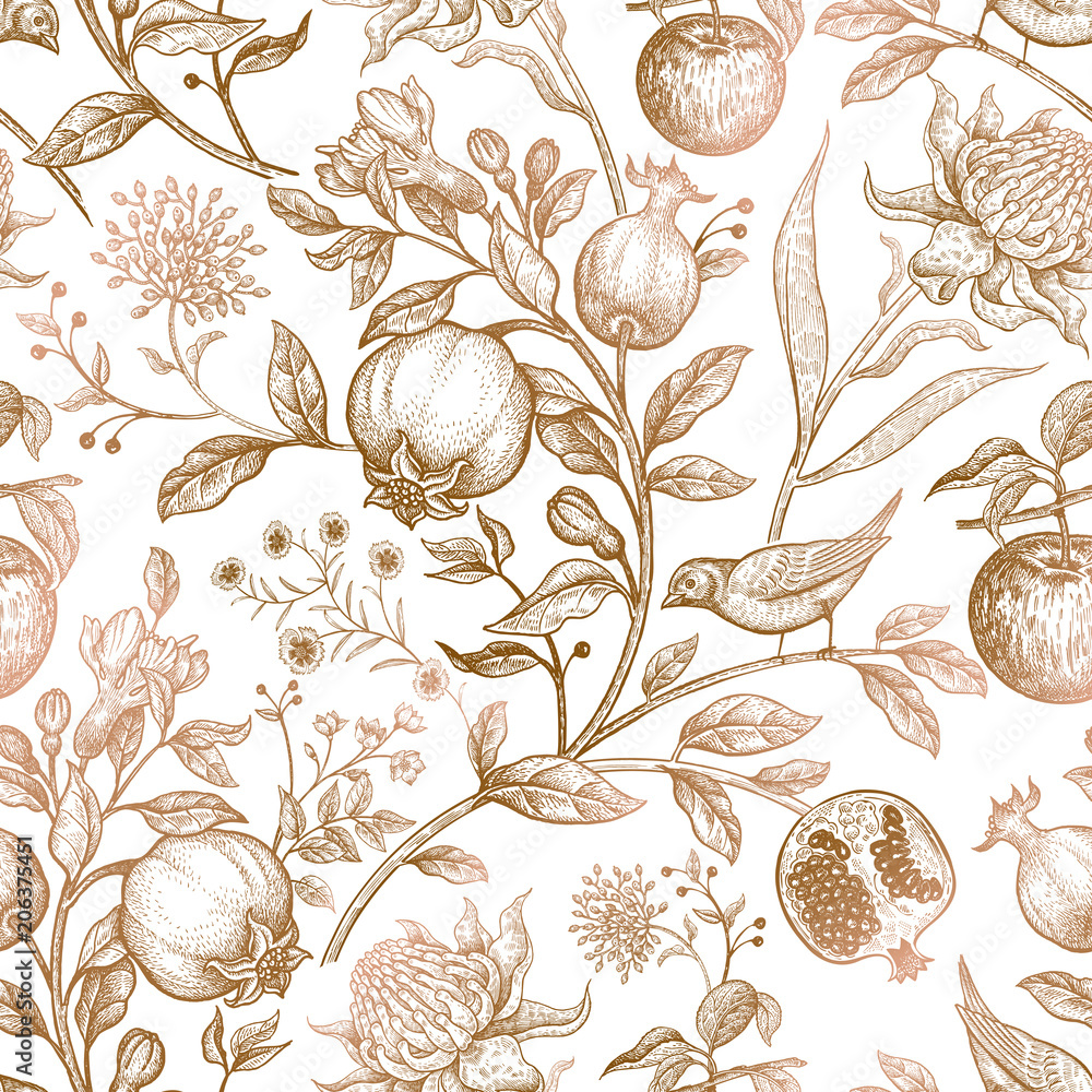 Obraz premium Seamless vector floral pattern with exotic flowers and fruits.