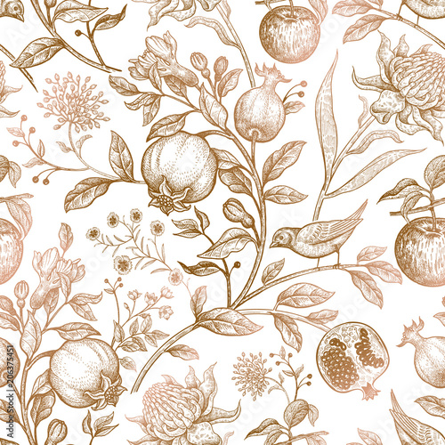 Seamless vector floral pattern with exotic flowers and fruits.