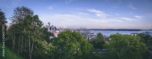 Seattle Washington skyline with space needle and Mt. Rainier 