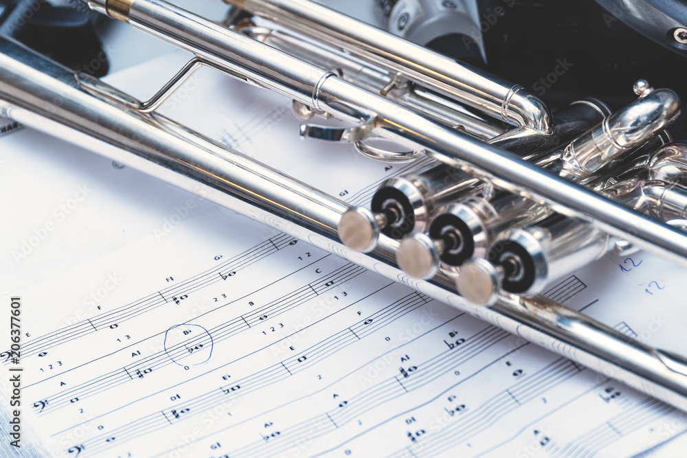 Obraz premium Wind instrument trumpet and notes