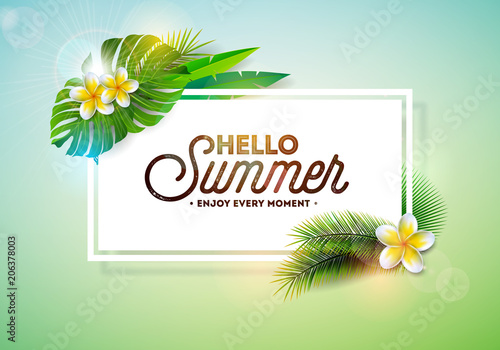 Vector Hello Summer Holiday typography illustration with tropical plants and flower on clean background. Design template for banner, flyer, invitation, brochure, poster or greeting card.