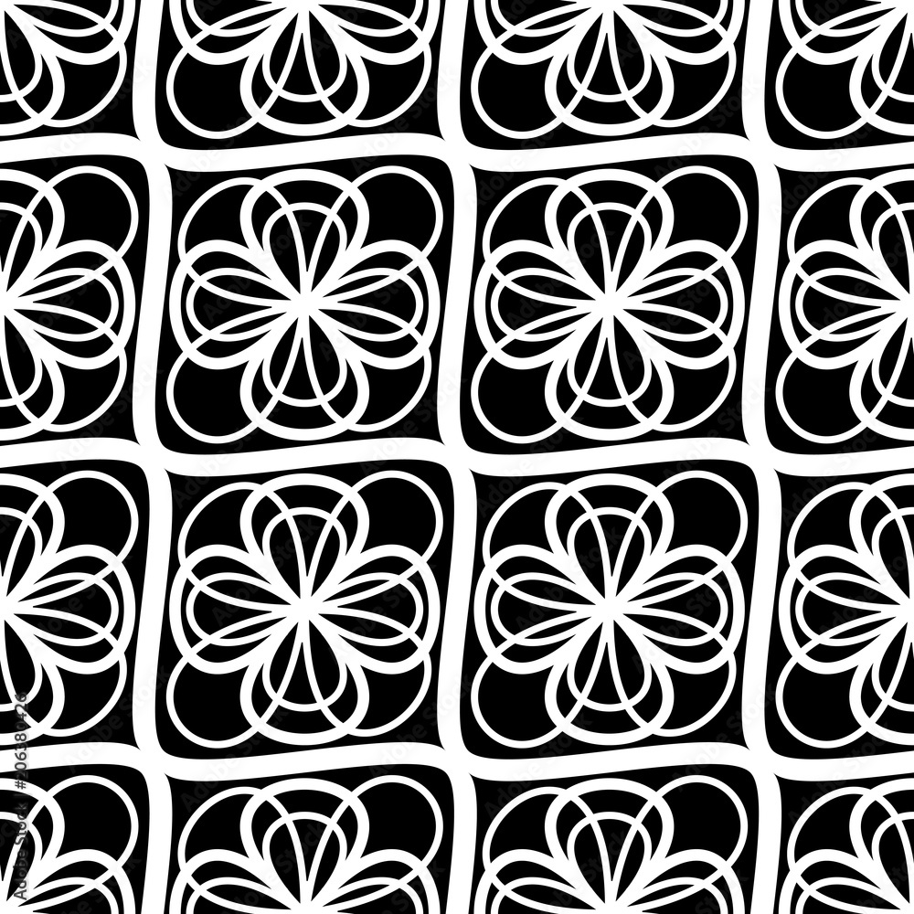 Fototapeta premium Vector. Abstract white flowers on a black tiles. Seamless pattern vector illustration.
