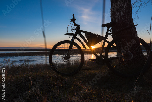 Fototapeta Naklejka Na Ścianę i Meble -  Silhouette of a bicycle standing near a tree against the backdrop of the setting sun