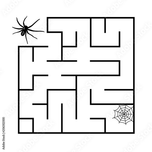 Maze for children. A black spider goes through a maze on the white background. Vector flat illustration