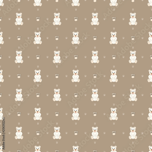 White teddy bear on a brown background. Seamless pattern with bears.