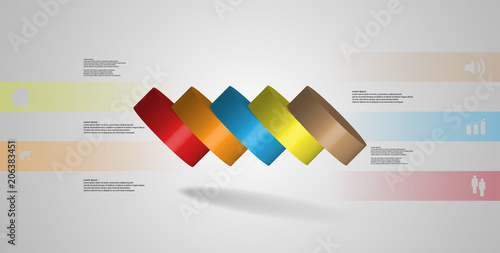 3D illustration infographic template with cylinder horizontally sliced to five spilled parts