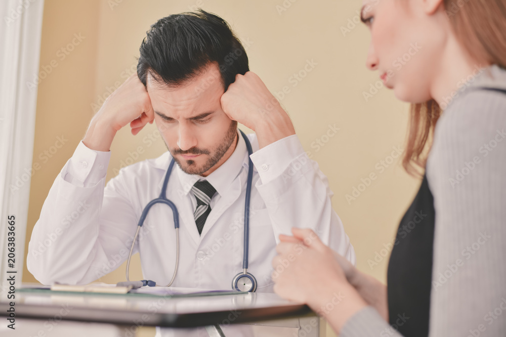 Terrible medical concept. Patients stressful in the doctor's diagnosis. Patients are concerned about medical treatment. The doctor's treatment makes the patient afraid. Terrible medical concept. Patients stressful in the doctor's diagnosis. Patients are concerned about medical treatment. The doctor's treatment makes the patient afraid.