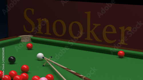Snooker balls on green billiard table and cue game position on reds 3d illustration