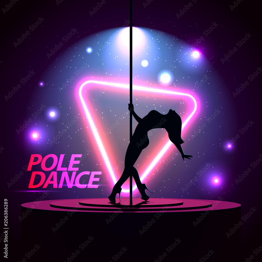 Pole Dance. Silhouette of a girl. Neon triangle. A directional beam of light from the searchlight is shining. Erotic dancing. Vector illustration