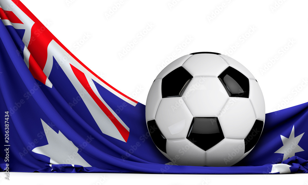 Soccer ball on the flag of Australia. Football background. 3D Rendering Soccer ball on the flag of Australia. Football background. 3D Rendering