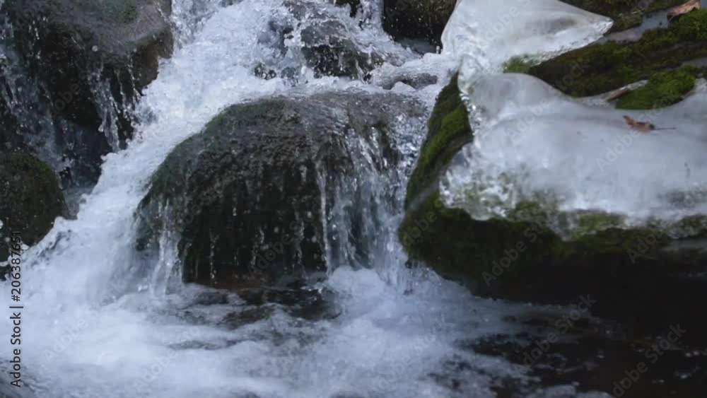 tilt dolly of icy rocky waterfall with bubbles and moss in alaska tilt dolly of icy rocky waterfall with bubbles and moss in alaska