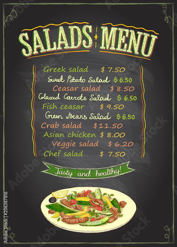 Salads menu chalkboard concept, hand drawn illustration with salad plate