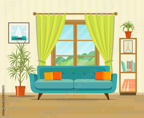 Living room interior design with furniture: sofa, bookcase, picture. Flat style vector illustration