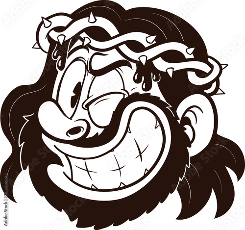 Retro cartoon winking Jesus with a thorn crown. Vector clip art illustration. All in a single layer.
