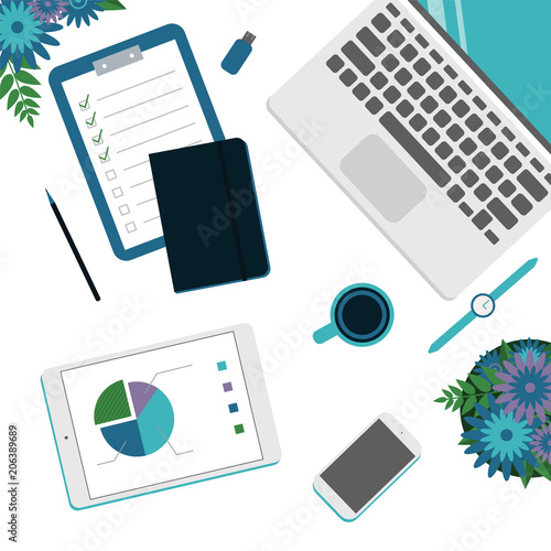 Workplace of business women or man, view from above, desktop