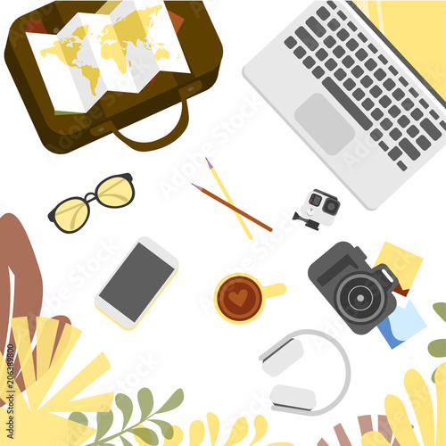 Workplace of traveler, view from above, desktop