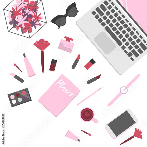 Workplace of makeup artist, view from above, desktop