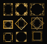 Vector illustration set of art deco frames in golden color. Vintage elements in style of 1920s for your design on black background.