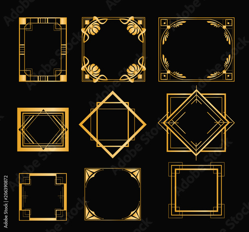 Vector illustration set of art deco frames in golden color. Vintage elements in style of 1920s for your design on black background.