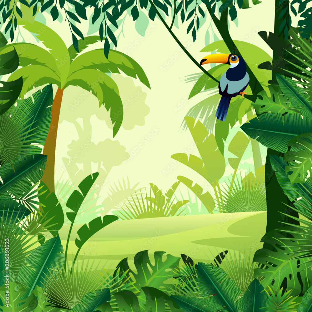 Vector illustration of beautiful background morning jungle. Bright