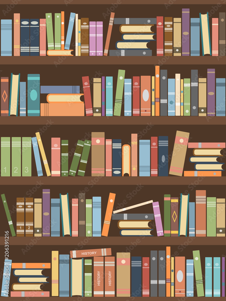 Books in bookcase. Library reading room