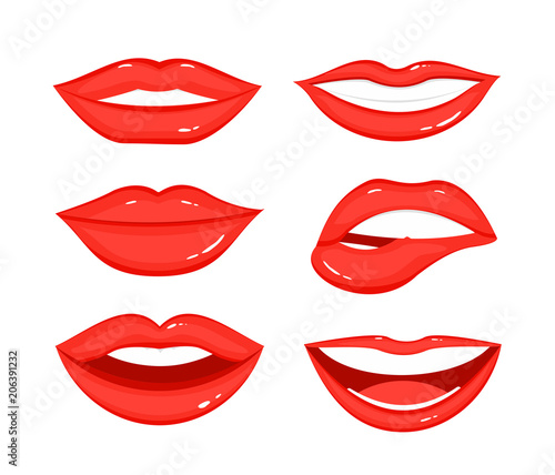 Vector illustration set of woman s lip gestures. Girl mouths in different positions, emotions, close up with red lipstick makeup in flat style on white background.