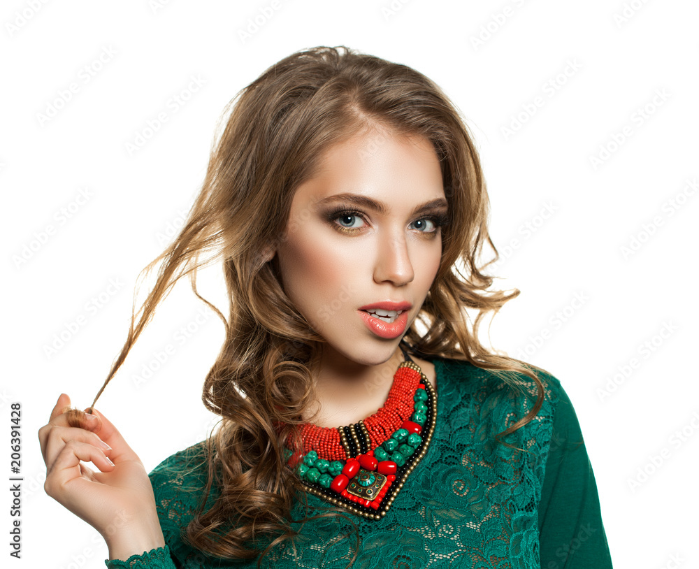 Obraz premium Haircare Concept. Cute Woman with Long Brown Curly Hair Isolated on White, Closeup Portrait