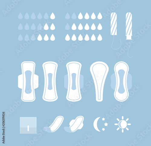Vector illustration set of feminine hygiene products on blue background. White napkins, pads and tampons, infographic elements in flat style collection.