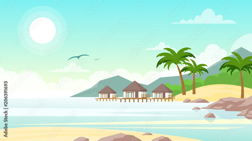Vector illustration of sea beach with hotel. Beautiful small villas on the ocean seaside. Summer landscape, vacation concept in flat style.