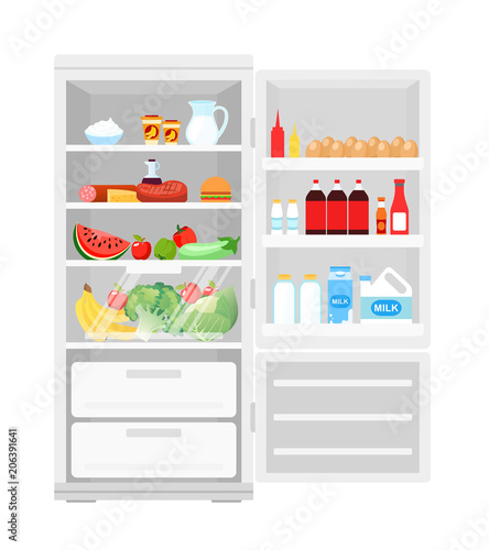 Vector illustration of modern opened refrigerator full of food. Lot of products in the fridge, fruits and vegetables, milk and eggs, healthy food in flat style.