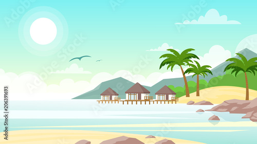 Vector illustration of sea beach with hotel. Beautiful small villas on the ocean seaside. Summer landscape  vacation concept in flat style.