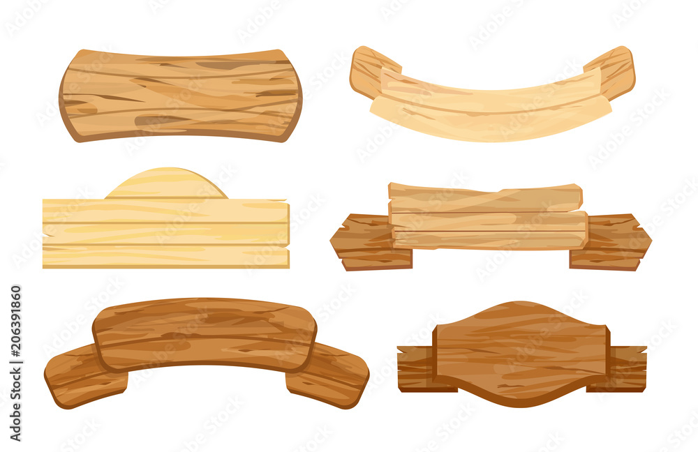 Vector illustration set of wooden planks or signboards. Retro vintage banners. Signs or pointers, signpost at desert with wooden texture in different colors and shapes in flat style, isolated on white Vector illustration set of wooden planks or signboards. Retro vintage banners. Signs or pointers, signpost at desert with wooden texture in different colors and shapes in flat style, isolated on white