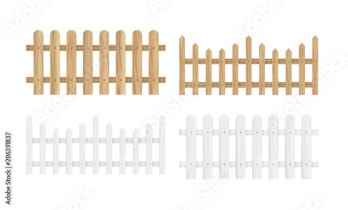 Vector illustration set of the different wood fences in light brown and white color and different shapes in flat style.